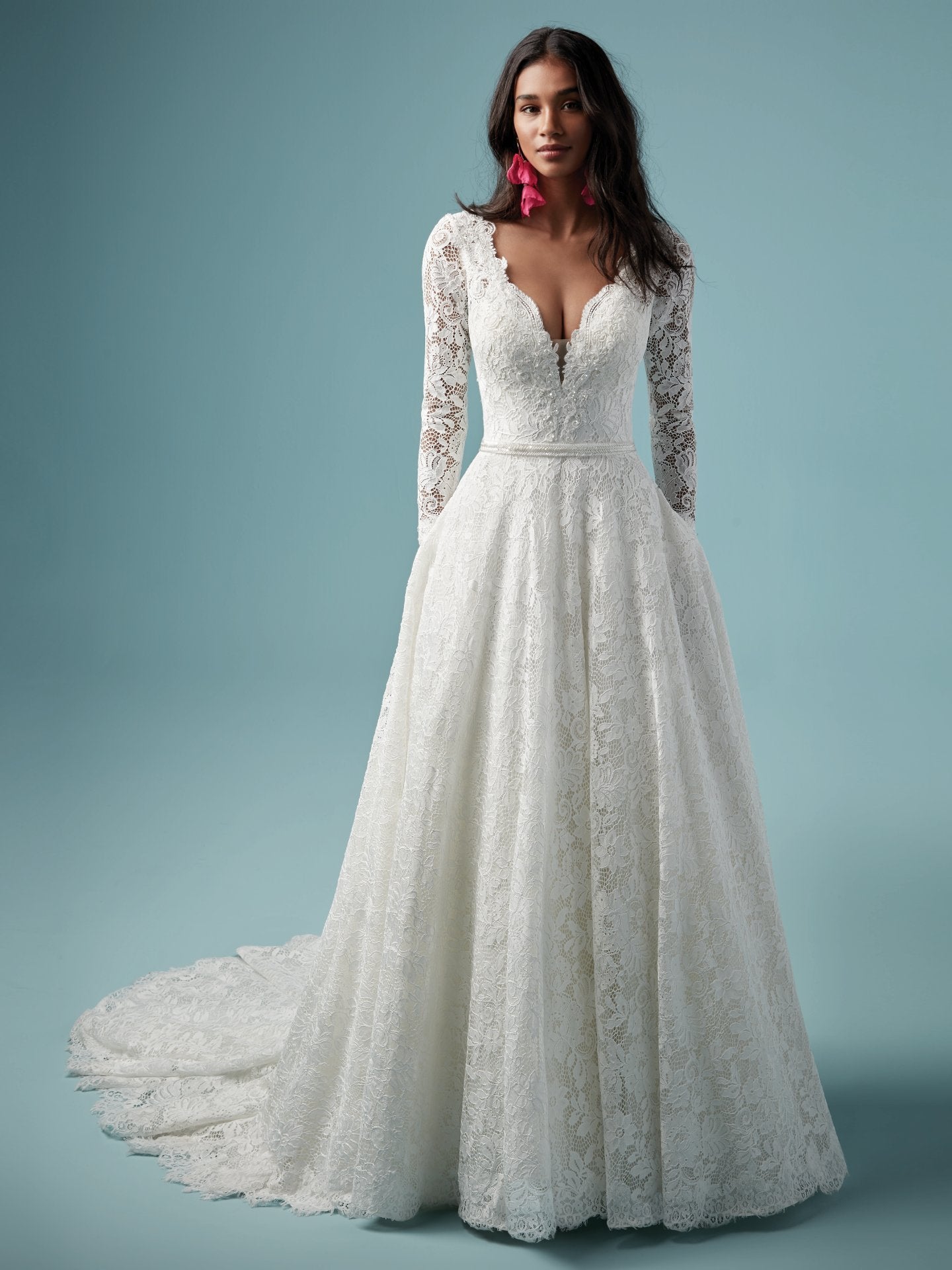 Lace Vneckline Long Sleeve Ball Gown Wedding Dress