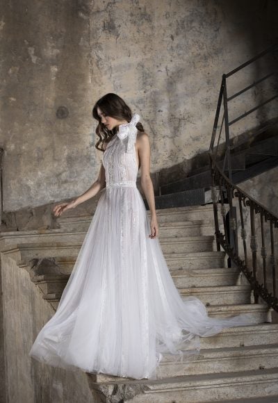 A-line Lace High Neck Wedding Dress With Bow by Tony Ward