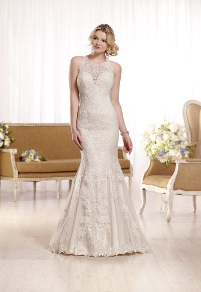 Sleeveless lace halter neckline wedding dress by Essense of Australia