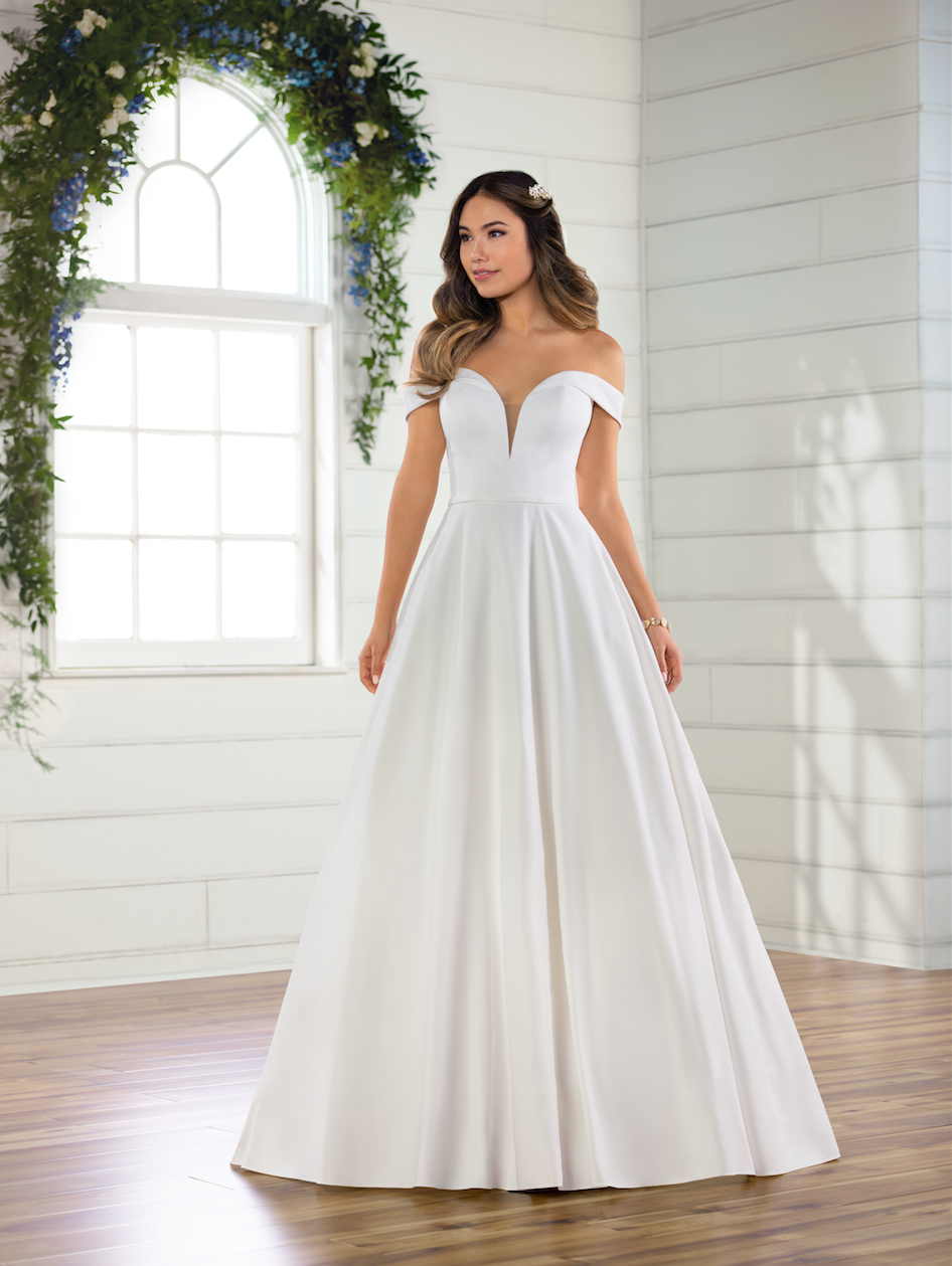 satin off the shoulder gown
