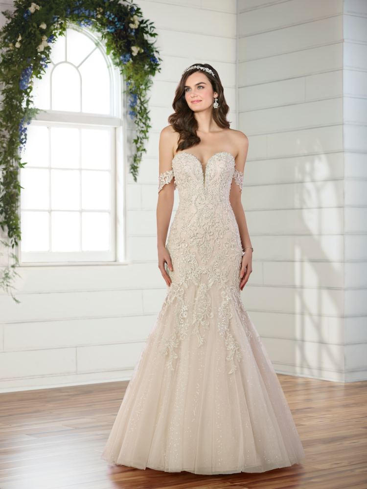 Off the shoulder beaded fit and flare wedding dress