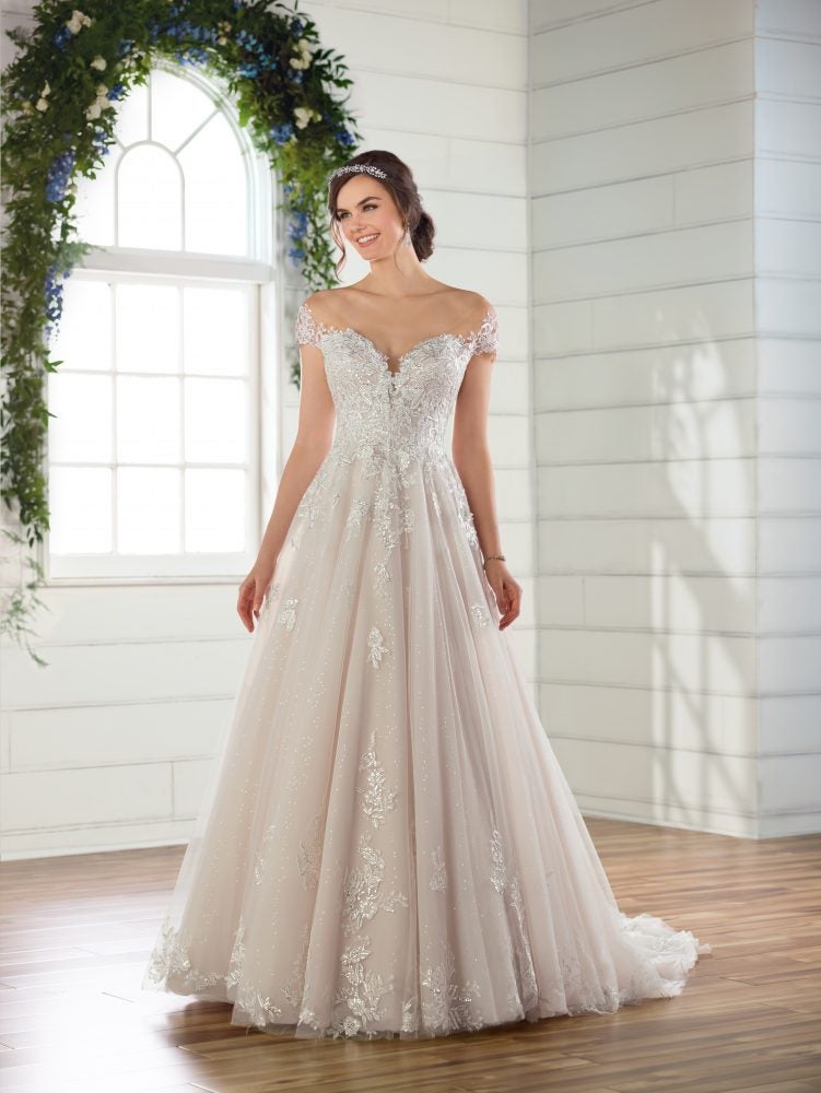 Offtheshoulder cap sleeve ballgown wedding dress with 3D