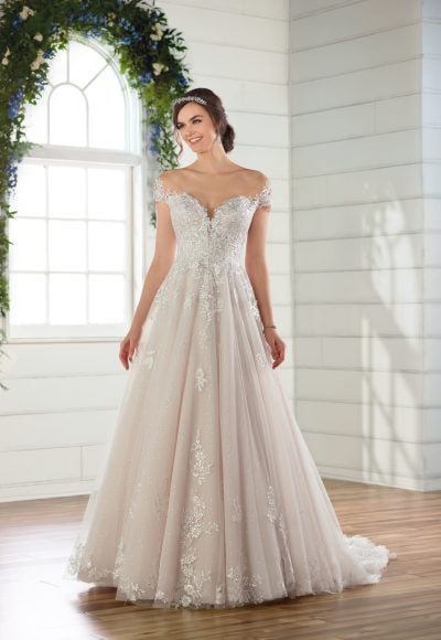 Off-the-shoulder cap sleeve ballgown wedding dress with 3D floral appliques and lace by Essense of Australia
