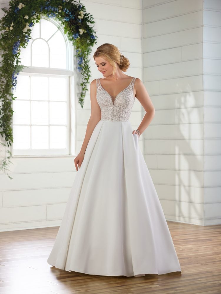 Sleeveless v-neckline ballgown with beaded and embroidered bodice and satin skirt by Essense of Australia - Image 1