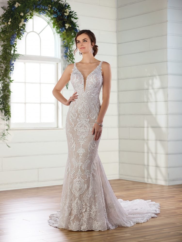 V-neck lace fit and flare wedding dress by Essense of Australia - Image 1
