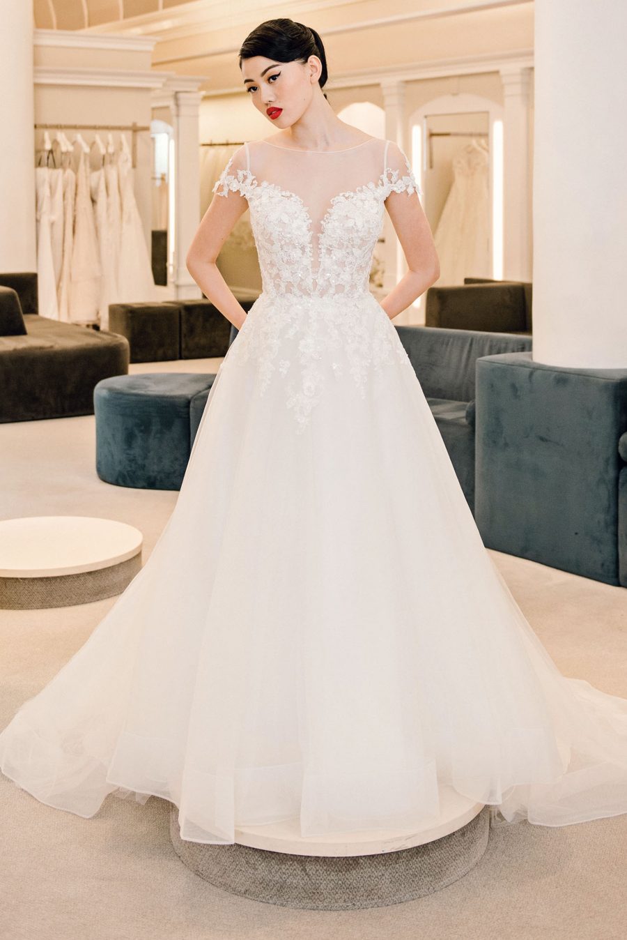embroidered illusion plunge ball gown