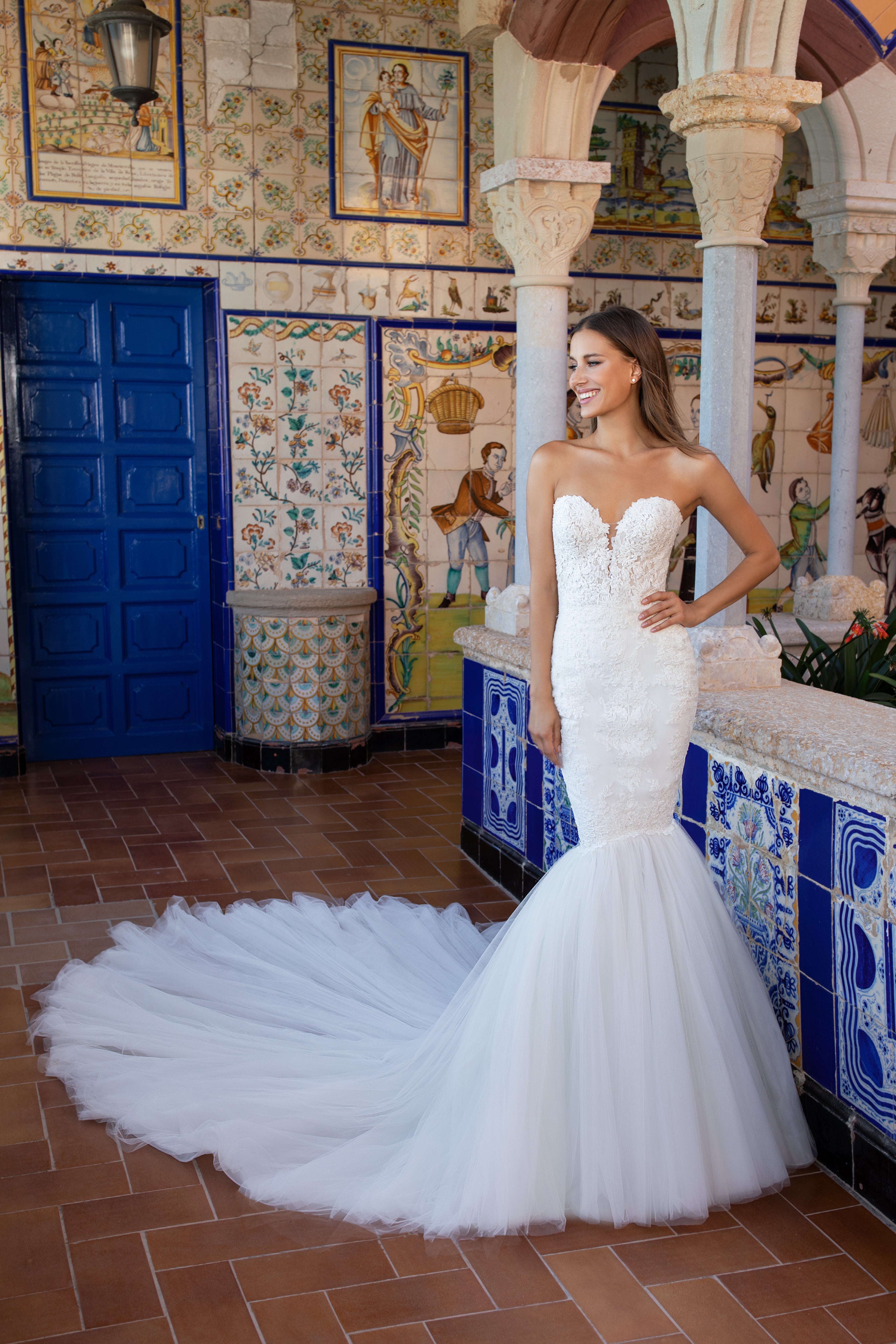 blush lace mermaid wedding dress