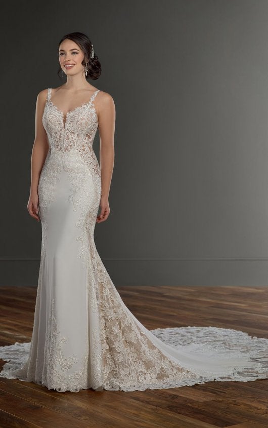 Spaghetti Strap V-neckline Crepe Fit And Flare Wedding Dress With Beading And Embroidery by Martina Liana - Image 1