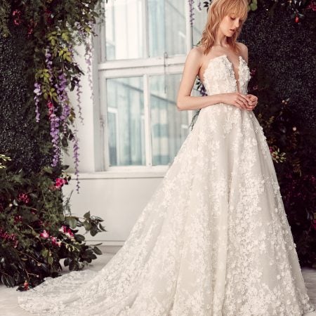 Floral Lace Embroidered Strapless Ball Gown Wedding Dress With Plunging ...