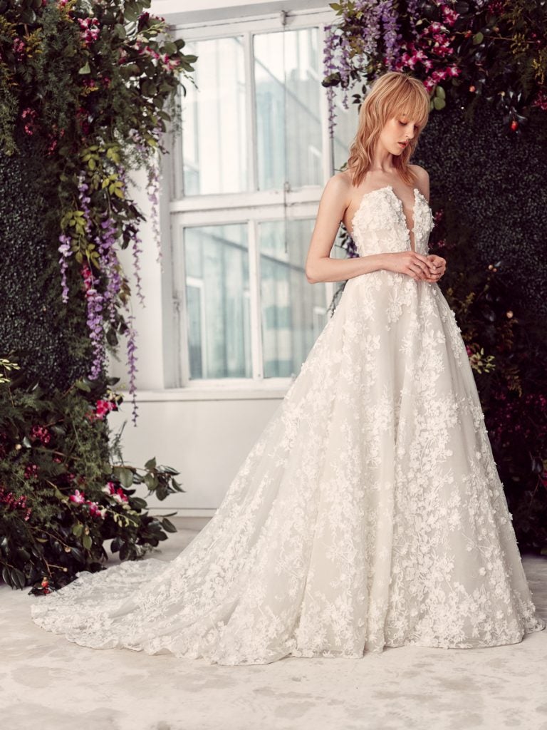 Floral Lace Embroidered Strapless Ball Gown Wedding Dress With Plunging