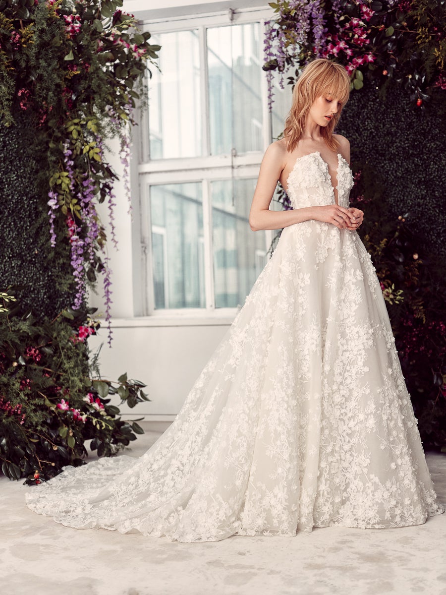 Floral Lace Embroidered Strapless Ball Gown Wedding Dress