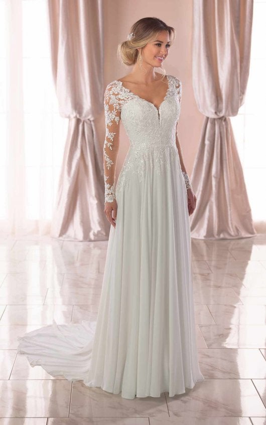 Illusion Long Sleeve V-neckline Sheath Wedding Dress With Beading by Stella York - Image 1