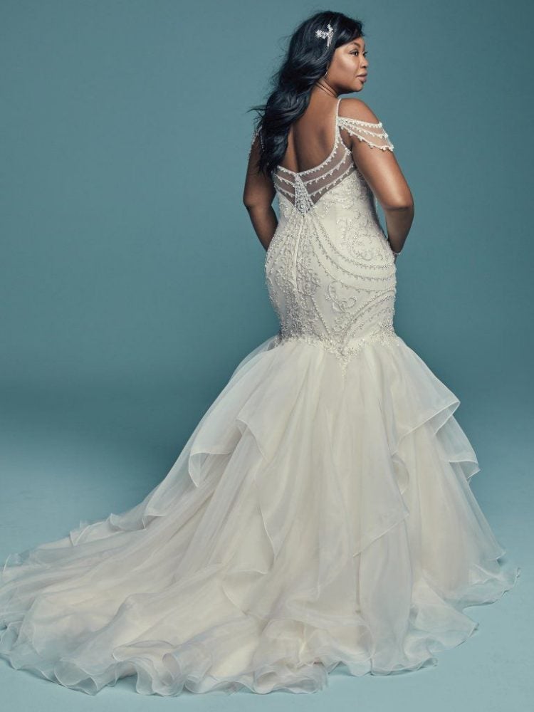 Off-the-shoulder V-neckline Beaded Lace Mermaid Wedding Dress With Ruffled Organza Skirt by Maggie Sottero - Image 2