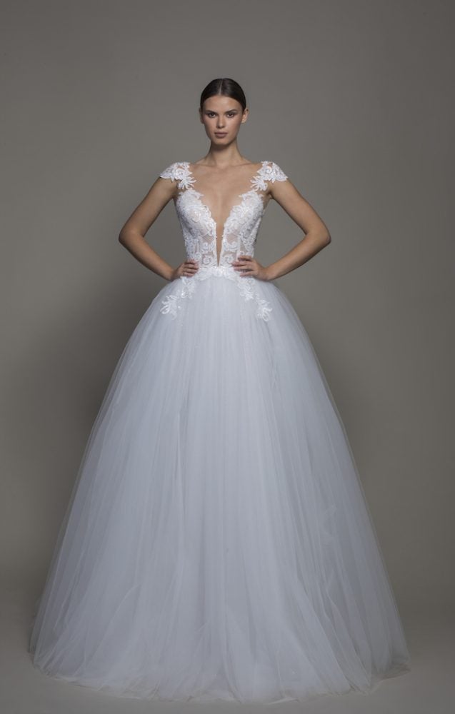 Cap Sleeve V-neckline Ball Gown Wedding Dress With Tulle Skirt by Pnina Tornai - Image 1