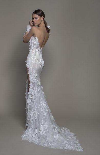Illusion Long Sleeve Floral Lace Sheath Wedding Dress With Slit by Pnina Tornai - Image 2