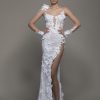 Illusion Long Sleeve Floral Lace Sheath Wedding Dress With Slit by Pnina Tornai - Image 1
