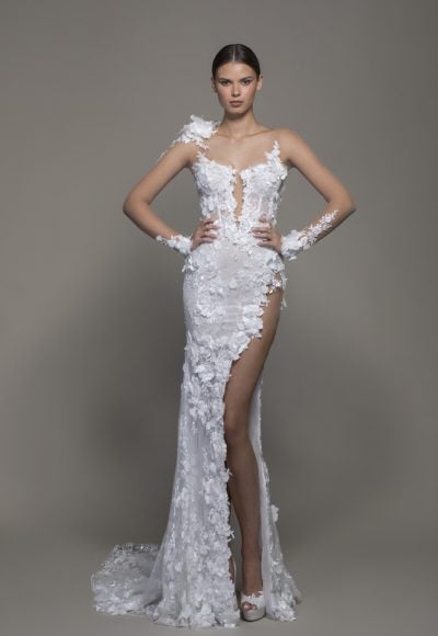 Illusion Long Sleeve Floral Lace Sheath Wedding Dress With Slit by Pnina Tornai