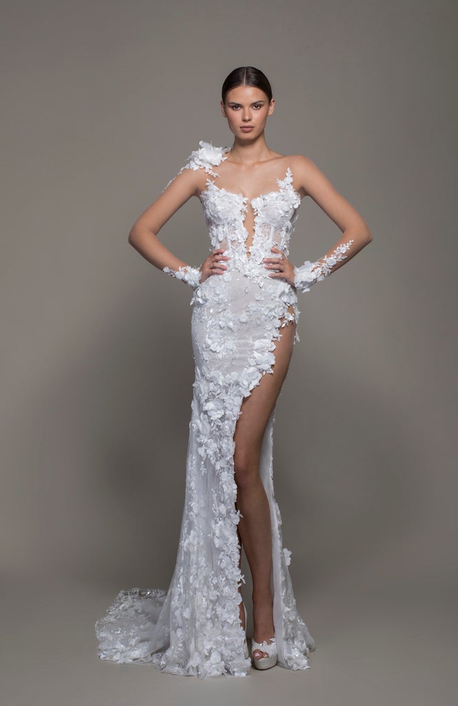 Illusion Long Sleeve Floral Lace Sheath Wedding Dress With Slit | Kleinfeld  Bridal