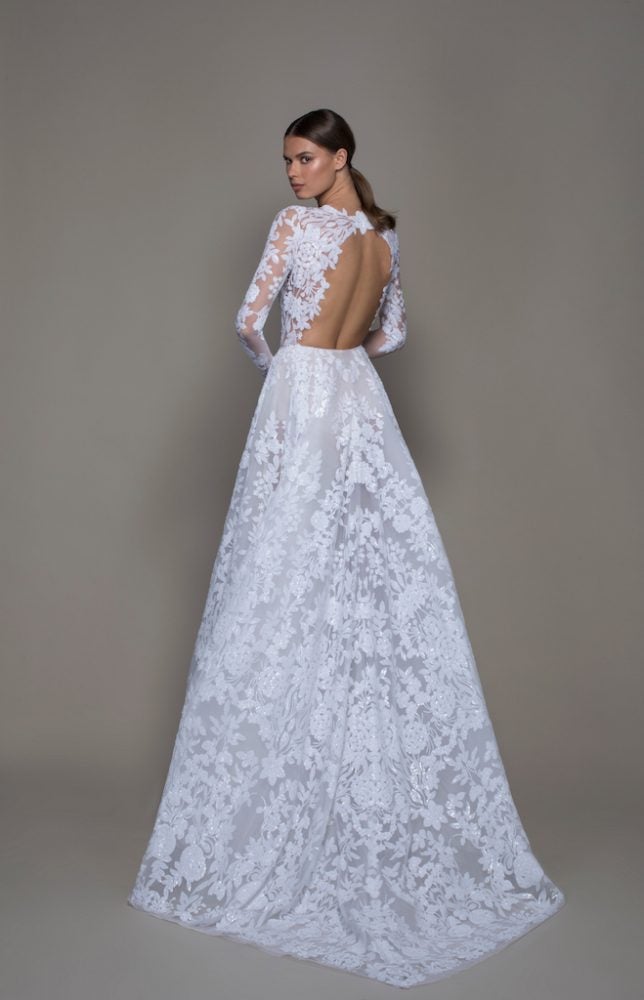 Illusion Long Sleeve White Sequin A-line Wedding Dress Plunging V-neckline by Pnina Tornai - Image 2