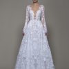 Illusion Long Sleeve White Sequin A-line Wedding Dress Plunging V-neckline by Pnina Tornai - Image 1