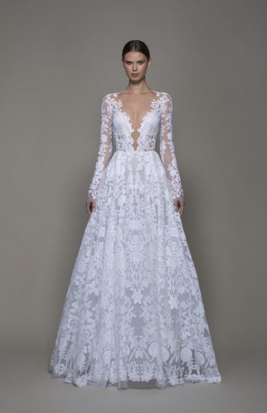 long sleeve white lace gown