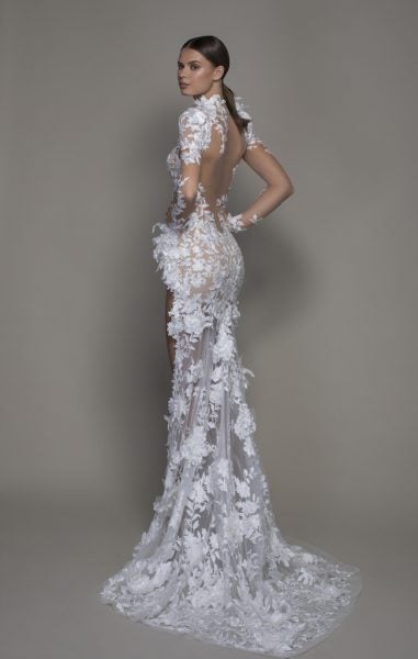 Long Sleeved High Neck Illusion Lace Sheath Wedding Dress With Slit by Pnina Tornai - Image 2