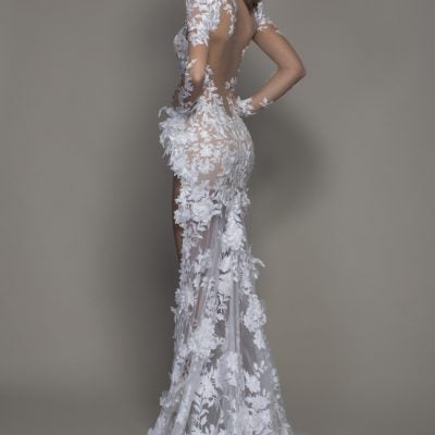Long Sleeved High Neck Illusion Lace Sheath Wedding Dress With Slit ...