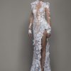 Long Sleeved High Neck Illusion Lace Sheath Wedding Dress With Slit by Pnina Tornai - Image 1