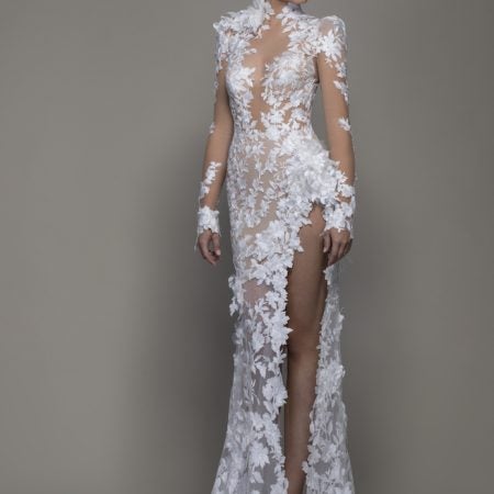 Long Sleeved High Neck Illusion Lace Sheath Wedding Dress With Slit ...