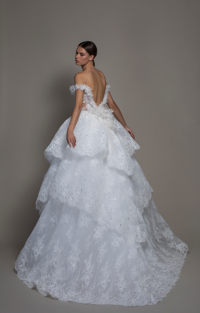 Off-the-shoulder Lace Ball Gown Wedding Dress With Tiered Skirt by Pnina Tornai - Image 2