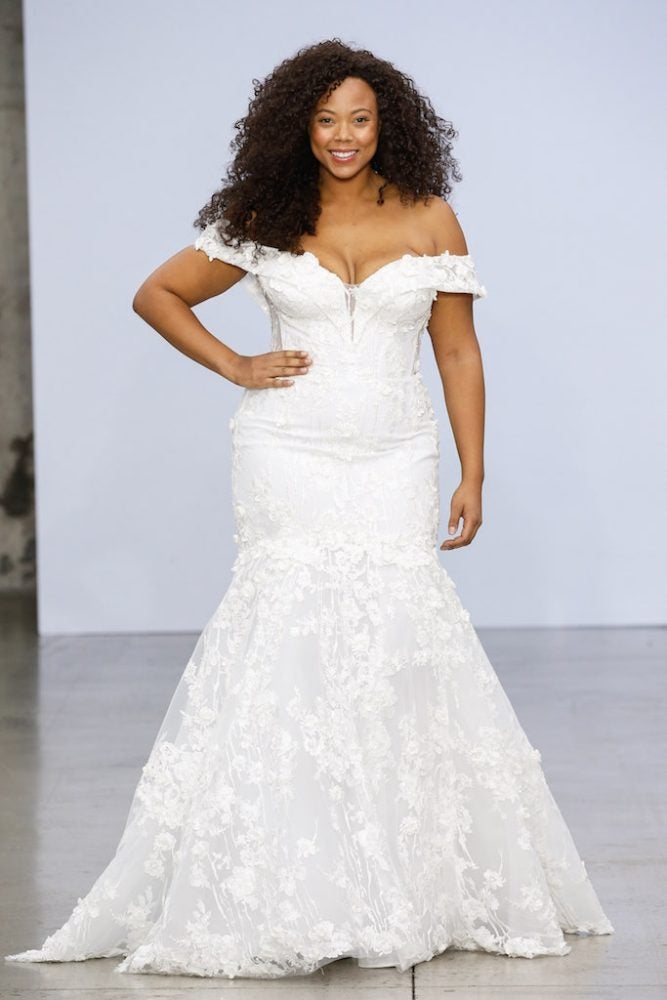 Off-the-shoulder Lace Mermaid Wedding Dress With Floral Appliqué by Pnina Tornai - Image 1