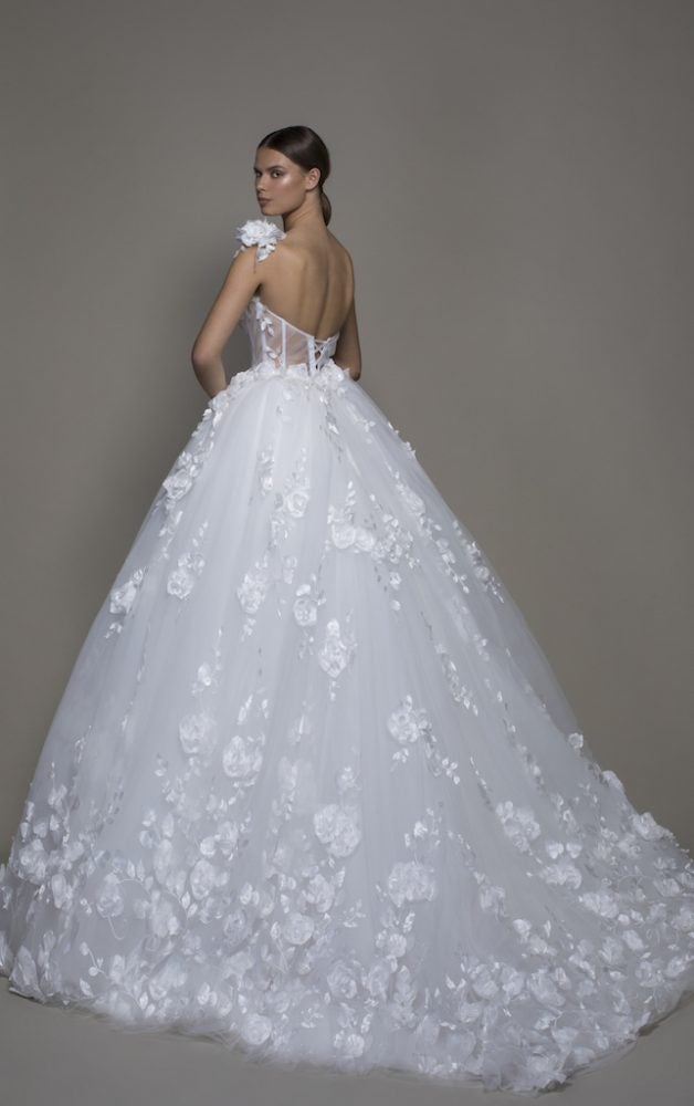 One-shoulder Tulle Ball Gown With Corseted Bodice And Flowers by Pnina Tornai - Image 2