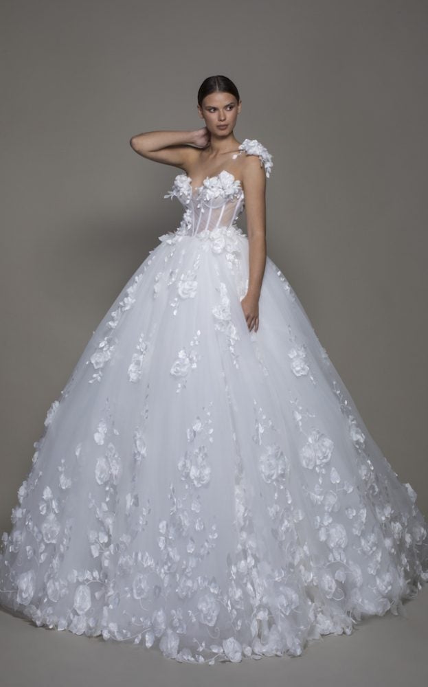 One-shoulder Tulle Ball Gown With Corseted Bodice And Flowers by Pnina Tornai - Image 1