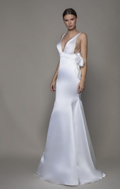 Sleeveless V-neckline Satin Sheath Wedding Dress With Asymmetrical Back ...