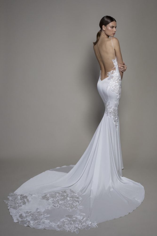 Spaghetti Strap Crepe Sheath Wedding Dress With Floral Applique And Cowl Neck by Pnina Tornai - Image 2