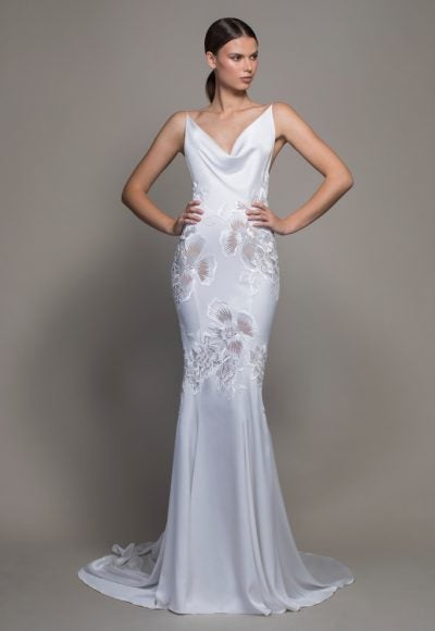 Spaghetti Strap Crepe Sheath Wedding Dress With Floral Applique And Cowl Neck by Pnina Tornai
