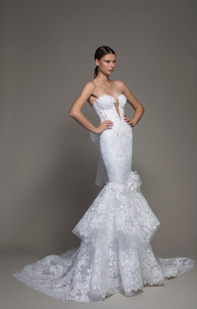 Grecian Style Plunge Neck Lace Tulle Mermaid Bridal Gown - Promfy
