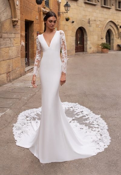 Illusion Long Sleeve V-neckline Crepe Sheath Wedding Dress by Pronovias