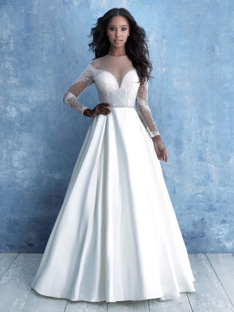 Long Sleeve Illusion Bodice Ball Gown Wedding Dress by Allure Bridals - Image 1