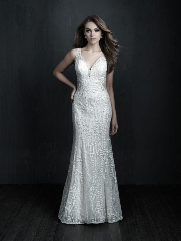 Sleeveless V-neck Lace Sheath Wedding Dress by Allure Bridals - Image 1
