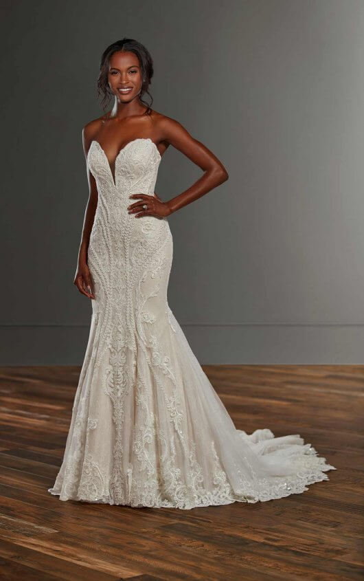 Strapless Fit And Flare Lace V-neck Wedding Dress by Martina Liana - Image 1