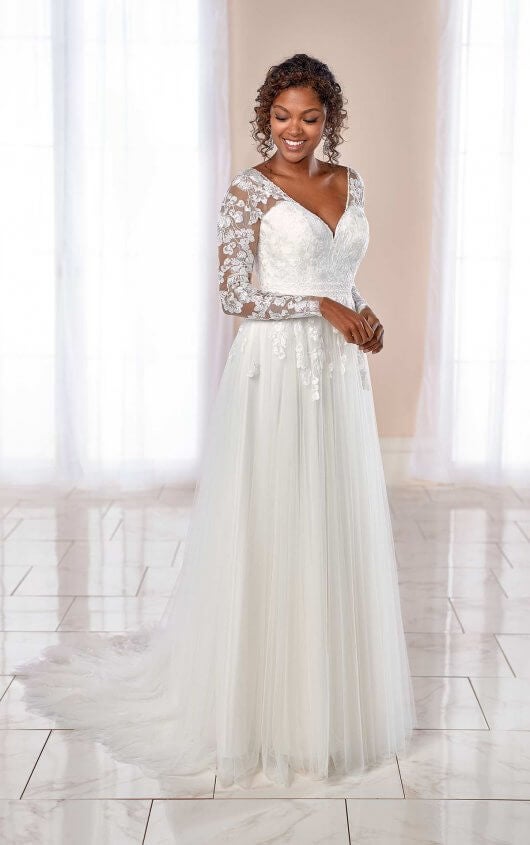 a line long sleeve gown