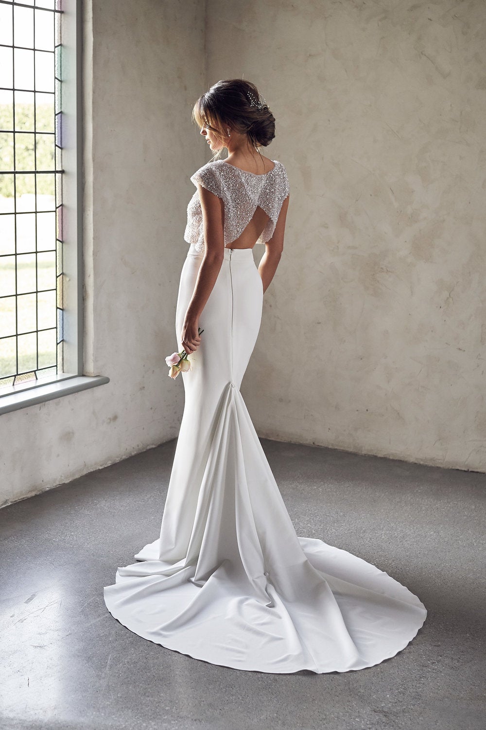 Cap Sleeve Illusion Neckline Two Piece Sheath Wedding Dress With Beaded ...
