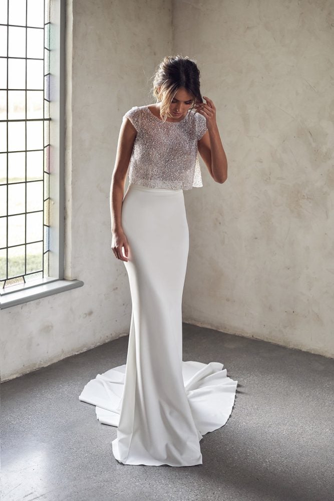 Cap Sleeve Illusion Neckline Two Piece Sheath Wedding Dress With Beaded Top by Anna Campbell - Image 1
