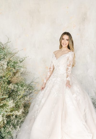 Long Sleeve V-neckline Lace Ball Gown Wedding Dress by Demetrios for Kleinfeld