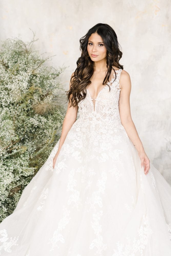 Sleeveless V-neckline Embroidered Lace Ball Gown Wedding Dress by Demetrios for Kleinfeld - Image 1