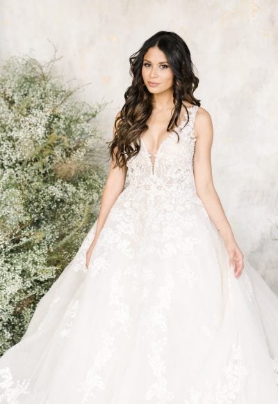 Sleeveless V-neckline Embroidered Lace Ball Gown Wedding Dress by Demetrios for Kleinfeld