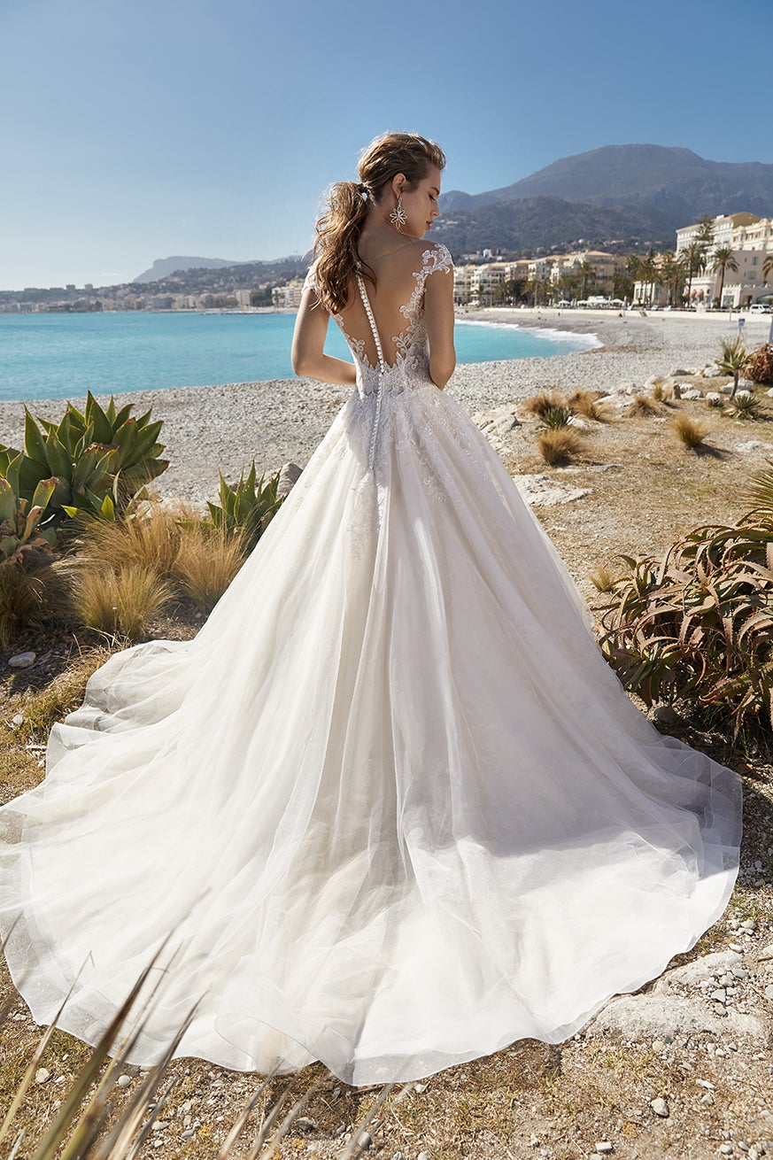Short Sleeve Illusion Bodice Ball Gown Wedding Dress