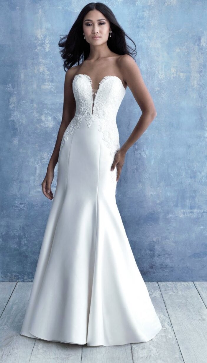 Strapless Sweetheart Neckline Fit And Flare Silk Wedding Dress With Lace Detail by Allure Bridals - Image 1