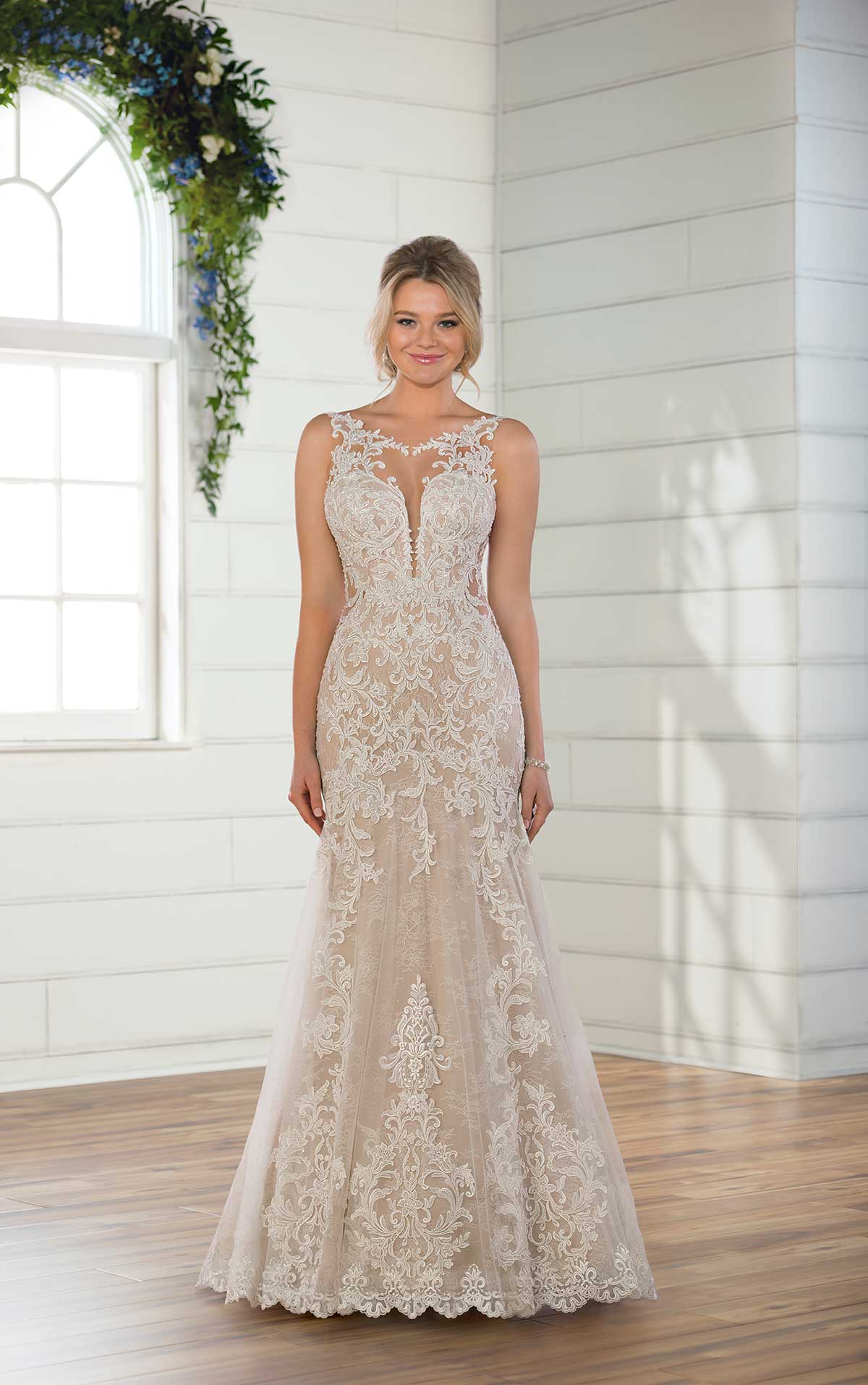 Sleeveless Illusion High Neckline Lace Fit And Flare Wedding Dress by Essense of Australia - Image 1